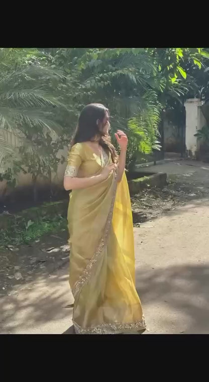 Trending Designer Soft Organza Saree with Original Mirror Work Lace Border, Weaving Border & Rich Weaving Pallu