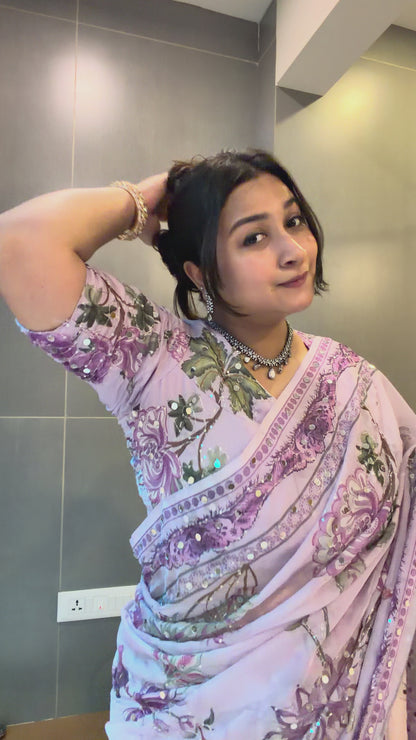 New Super Hit Celebrity Inspired Digital Printed Tabby Silk Saree with Embroidery Sequin & Original Mirror Work | Crystal Latkan Pallu