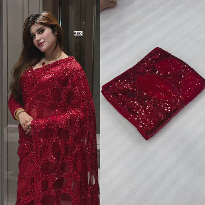 Bollywood Red Heavy Embroidered Butterfly Net Saree with Designer Blouse For Events